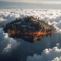 an island that is surrounded by clouds and fog