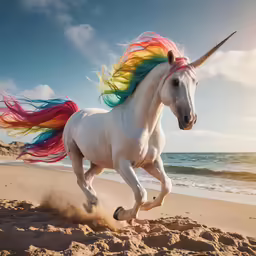 the unicorn runs on the beach and sprays water