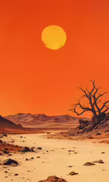 a painting on a dirt field with trees and rocks