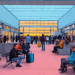 people are sitting in the terminal waiting to board