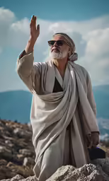 a man with glasses holding his hand up
