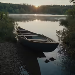 two rowboats docked at a shore with trees in the background