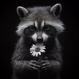 a raccoon looks at a white flower in its paws