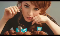 a woman standing next to a pile of chocolate candies