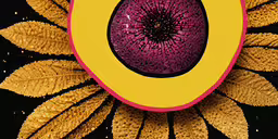 the image is of a purple sunflower with leaves surrounding it,an art work with leaves on top of it