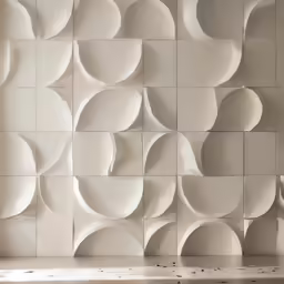 a white sculpture sits on a wall with circles