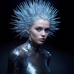 a woman with spiked hair is dressed in silver