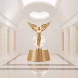 an angel sculpture on a pedestal in a museum