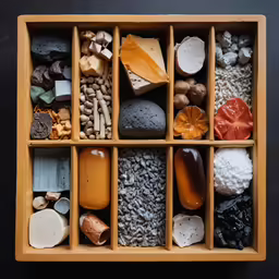 a drawer filled with various types of rocks and a spoon