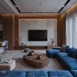 living room with blue furniture and brown wall