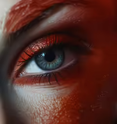 an orange and black eye with some bright red on the eye