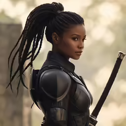 the woman is dressed in a sci - themed outfit holding a sword