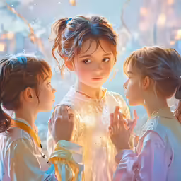 three young girls stand in front of a bright picture