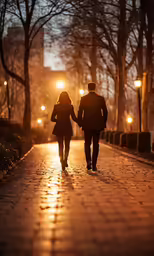 the people are walking down the walkway in the evening