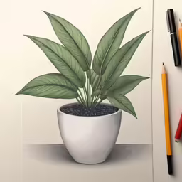 there is a potted plant next to a color pencil and paper