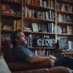 a man sitting in a leather recliner chair with his feet propped up on the table next to a bookshelf