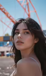 an attractive young woman with dark hair and tan eyes looking to her left