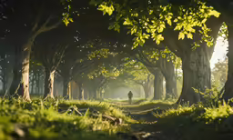 a person standing in the distance on a dirt road between trees