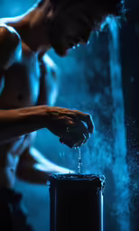 a man in the dark pouring water onto his chest