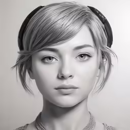 black and white photo of a girl with headphones on