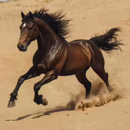 the horse is running fast across the sandy ground