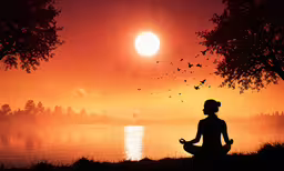 a person sitting in the grass meditating at sunrise,a person sitting in the sun looking at the water