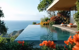a large house with a large pool and lots of trees near the water
