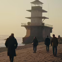 three people walk down the beach near a tower