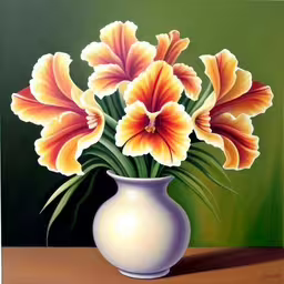 a painting of yellow flowers sitting inside a white vase,the painting depicts a white vase with yellow flowers,a painting of orange flowers in a white vase,the painting shows a vase with orange flowers,an image of a vase with some flowers in it