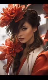 a woman with long brown hair wearing a flowered headpiece