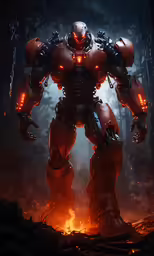 a giant robot standing in front of a fire