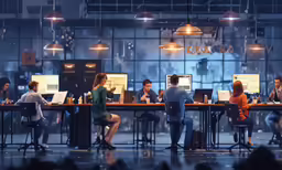 several people sitting at desks with computers and their laptops