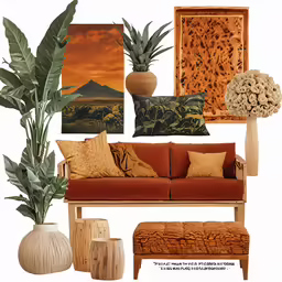 a collage showing a red couch, plant, tree trunk and potted plants