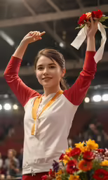 a girl poses with her hand raised and a ribbon in the air