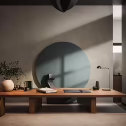 a room with a wooden table, a lamp and a gray circular wall