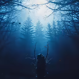 some dark trees and one bird flying away
