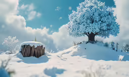 the sky over a snowy hillside has a tree