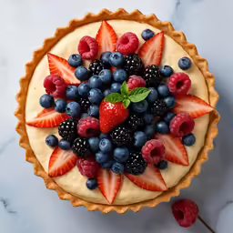 a dessert has several berries and blueberries on it