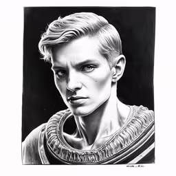 a drawing of a man with blonde hair and blue eyes