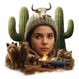 a woman wearing a hat and a scarf with four bears around her