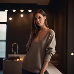 a woman stands next to a large white sink