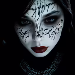 a woman with white makeup and black makeup looks into the camera