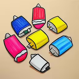 a drawing of a drawing of colorful pencils,a group of colored paper and two batteries are laid out,several different colored pencils sitting in the middle of a group,there are several different colored paper tubes on the table,a bunch of crayon crayons sitting on top of a table