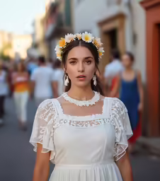 a woman in white dress wearing a flower wreath