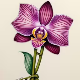 an orchid with three leaves and purple flowers,drawing of a purple orchid in a pot