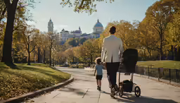 an older man walking down a sidewalk with a child