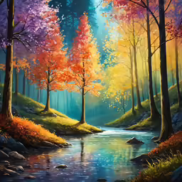 a painting of a forest with a stream