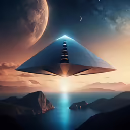 a very tall building is flying near the ocean