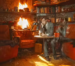 a man in a suit is sitting at a table