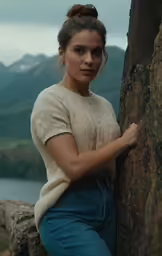 a female with hair in ponytail leaning against a rock